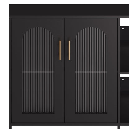 GarveeHome Glass Door Sideboard Cabinet, Modern Storage Buffet with Metal Handles and Adjustable Shelves, Solid Wood Frame Display Cabinet for Living Room, Dining Room, Kitchen, Entryway, Black