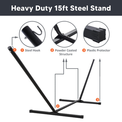 SUNCREAT 15 ft Outdoor Hammock Stand, Heavy Duty Hammock Stand Only, Black
