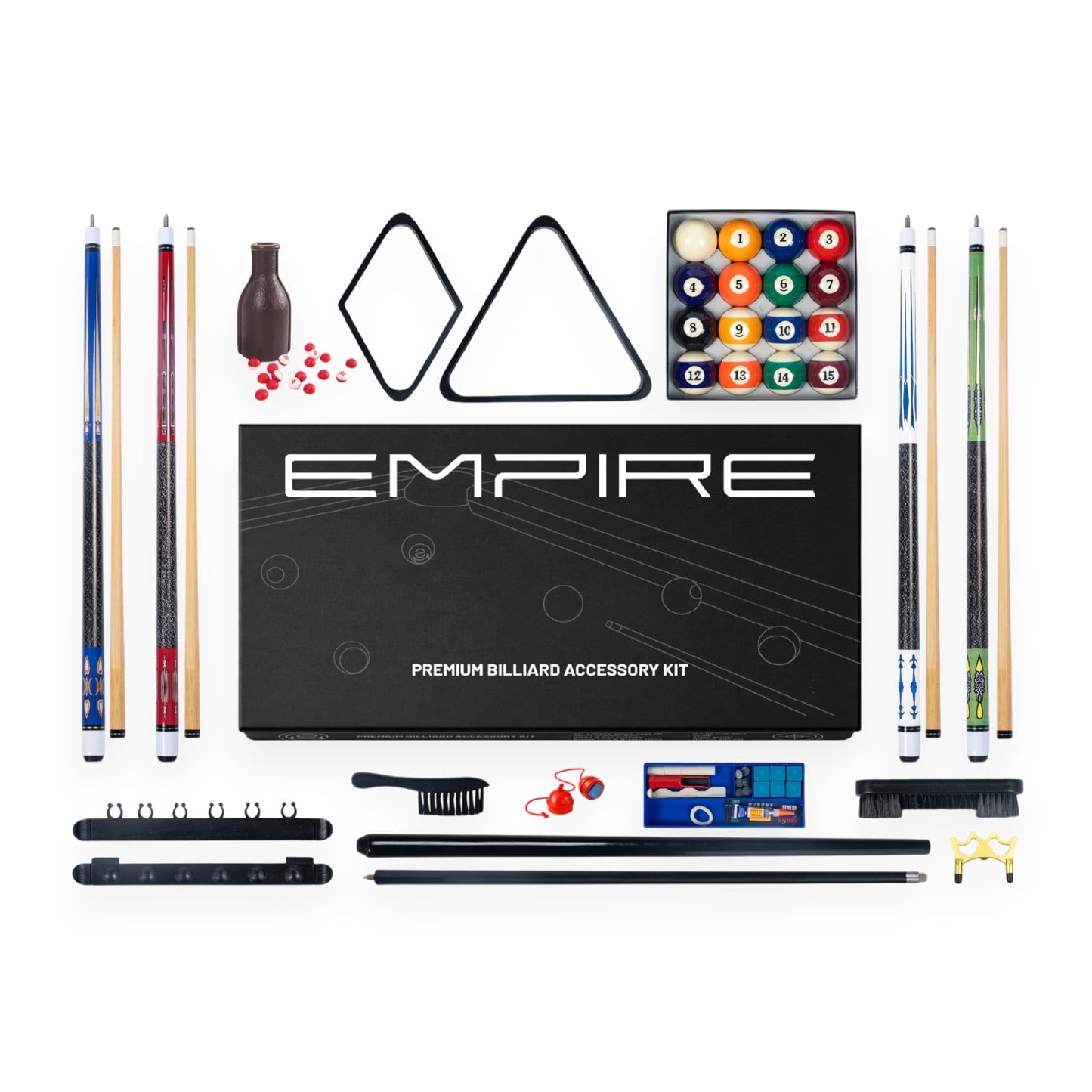 Empire USA - Pool Table Accessories Set 32 Piece, Billiard Kit with Cue Sticks, Ball Set, Triangle Rack & Cue Rack, Complete Pool Table Accessories Kit for Home Game Room
