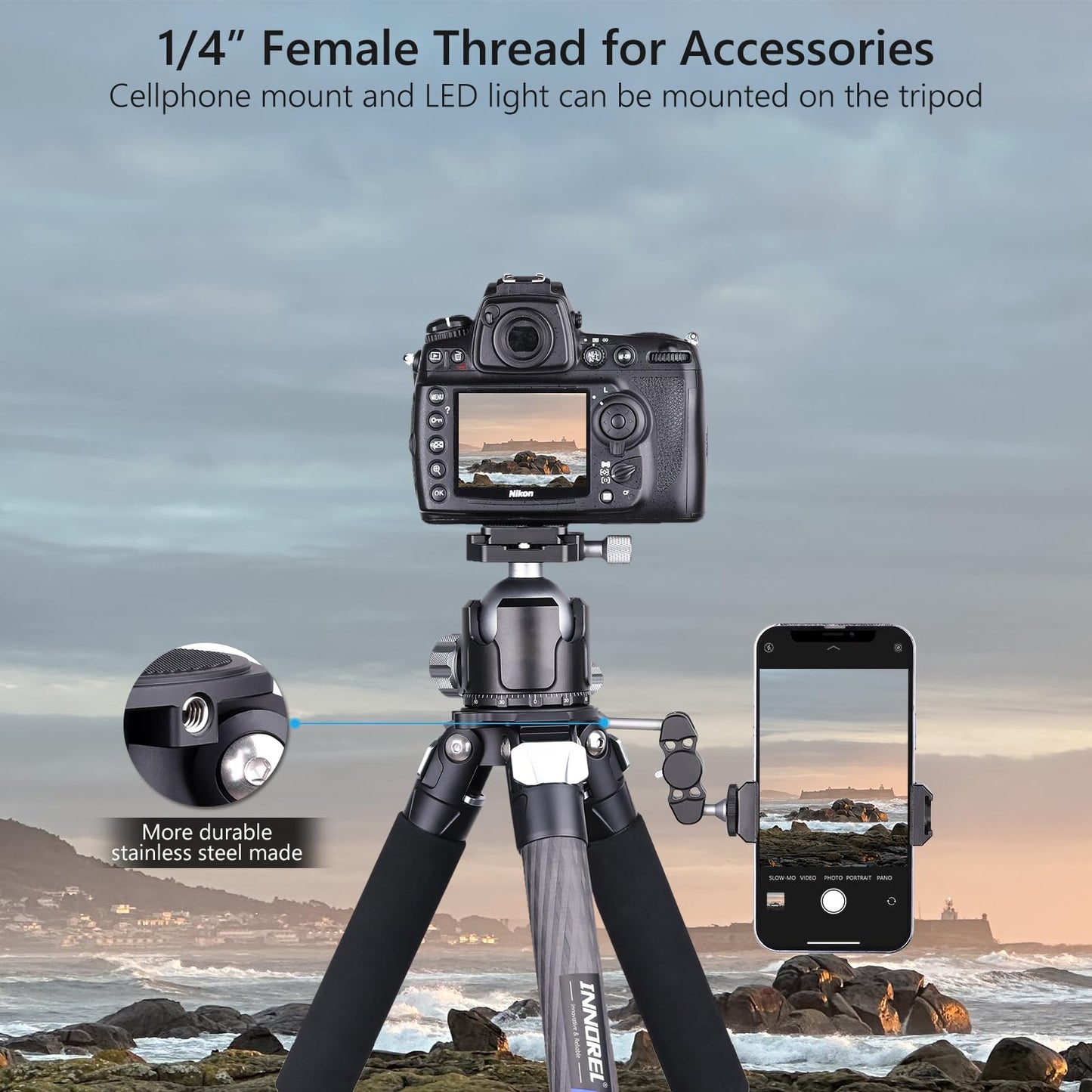Compact Carbon Fiber Tripod – Heavy Duty 40mm Leg Tubes, Max Height 63.6in/162cm, Stable and Lightweight Travel Stand for DSLR, Video Cameras, Max Load 40kg, Portable for Photography Video Shooting