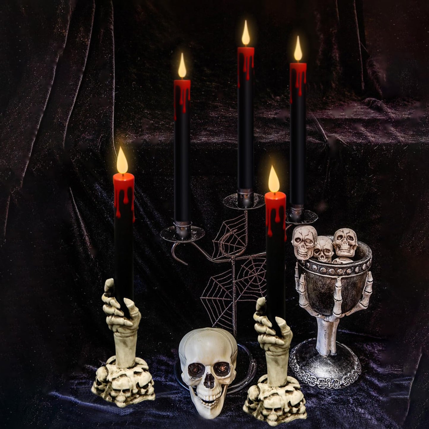 Wondise Halloween Flameless Taper Candles with Remote and Timer, Black Battery Operated Dripping Wax LED Flickering Candles with Skeleton Hand Holders for Halloween Decoration(2 Pack, 3” x 12”)