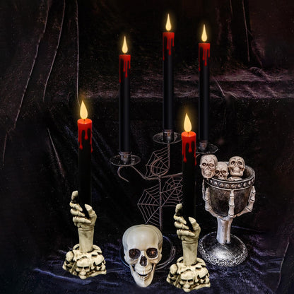 Wondise Halloween Flameless Taper Candles with Remote and Timer, Black Battery Operated Dripping Wax LED Flickering Candles with Skeleton Hand Holders for Halloween Decoration(2 Pack, 3” x 12”)