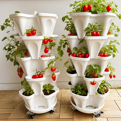 Lykvrii Strawberry Planters, 7 Tiered Vertical Stackable Planter, Herb Stacking Tower Garden, Flower Vegetable Planters with Support Pole, Indoor & Outdoor with Removable Wheels - White