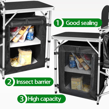 CampLand Folding Camping Kitchen Table with Windscreen,Portable Outdoor Cooking Station with Storage Cabinet & Side Tables Heavy Duty Camp Cook Station for Camping & BBQ (Black3cabinet)