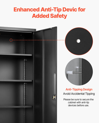 VEVOR Metal Storage Cabinet, Lockable Steel Garage Cabinet with Magnetic Doors and Adjustable Shelves, 2 Keys, 5-Tiers Tall Tool Locker for Home, Office, School, Pantry, Warehouse, Laundry, Black