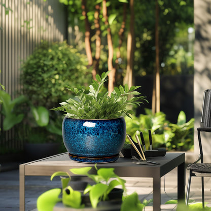 SQOWL 10 Inch Plant Pot - Ceramic Planter Pot with Drainage Hole and Saucer, Decorative Plant Pot for Indoor Outdoor Plants, Round Large Planter Flower Pot, Blue