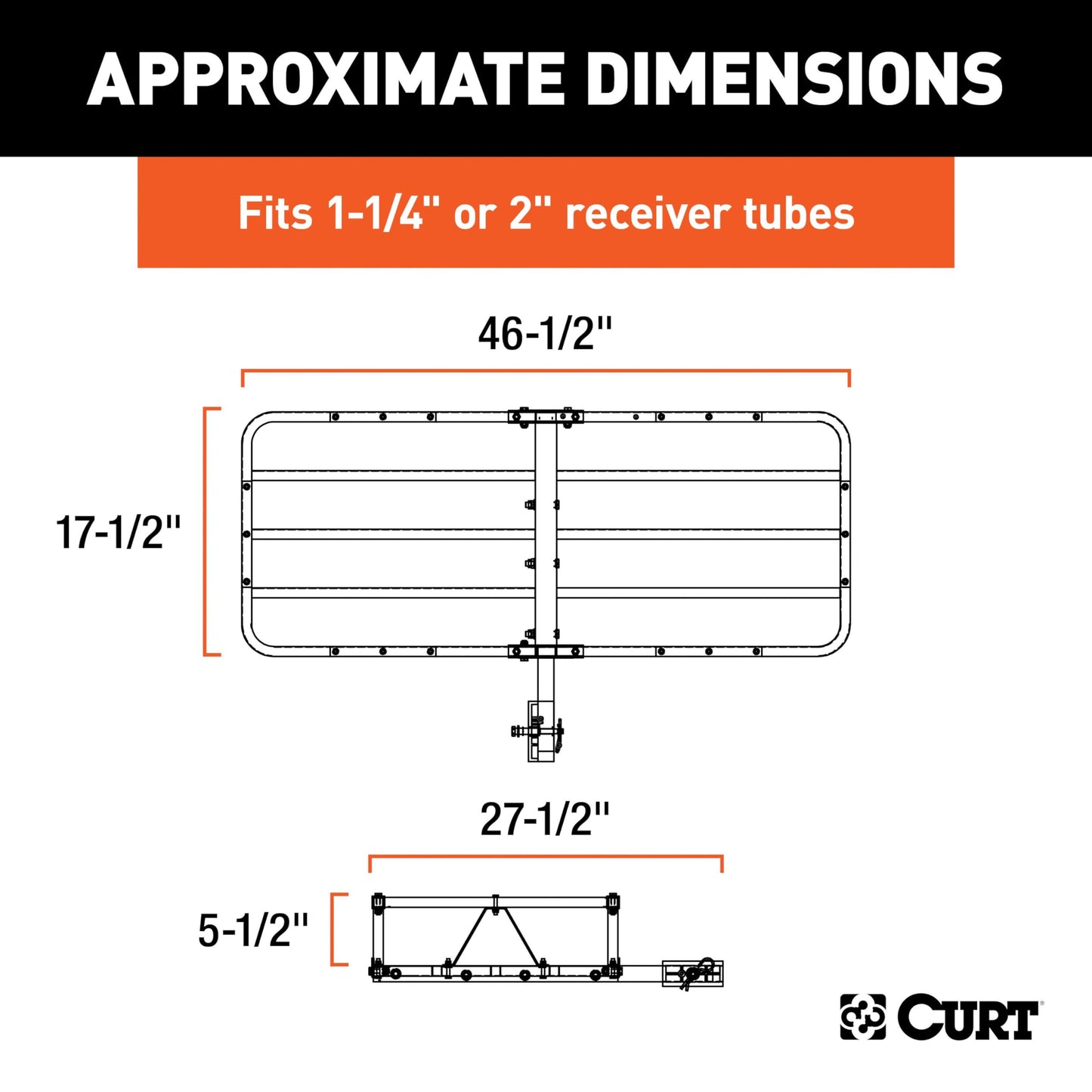 CURT 18145 Cargo Basket Hitch Trailer Hitch Cargo Carrier, 500 lbs. Capacity, 46-1/2-Inch x 17-1/2-Inch x 5-1/2-Inch, Fits 1-1/4 or 2-Inch Receiver