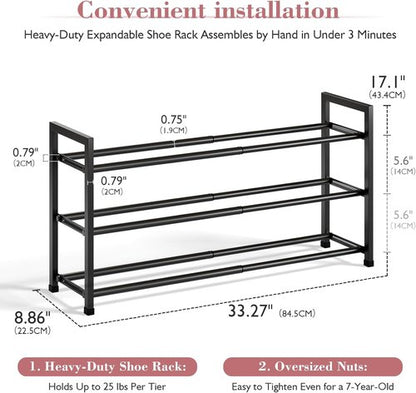 Bumusty Expandable Shoe Rack - 3-Tier Adjustable Organizer for Small Spaces | Sturdy Metal, Black (18"-33")