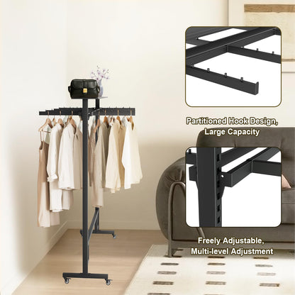 BFECGDXT Retail Clothing Rack with Adjustable 8 Arms, Portable Boutique Display Hanging Stand on Wheels and Top Shelf, Floor Standing Metal Garment Shirts Racks, Black