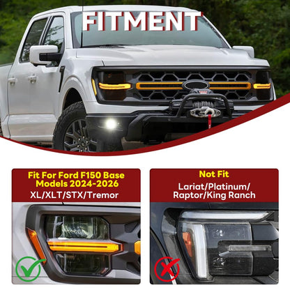 COOLCMP Projector Headlights for F150 2024-2026 14th Gen F-150 Frontlights Head Lamp with Start-Up Animation Switchable White/Amber DRL Sequential Turn Signal, Only Fit Base Models[XL STX XLT Tremor]