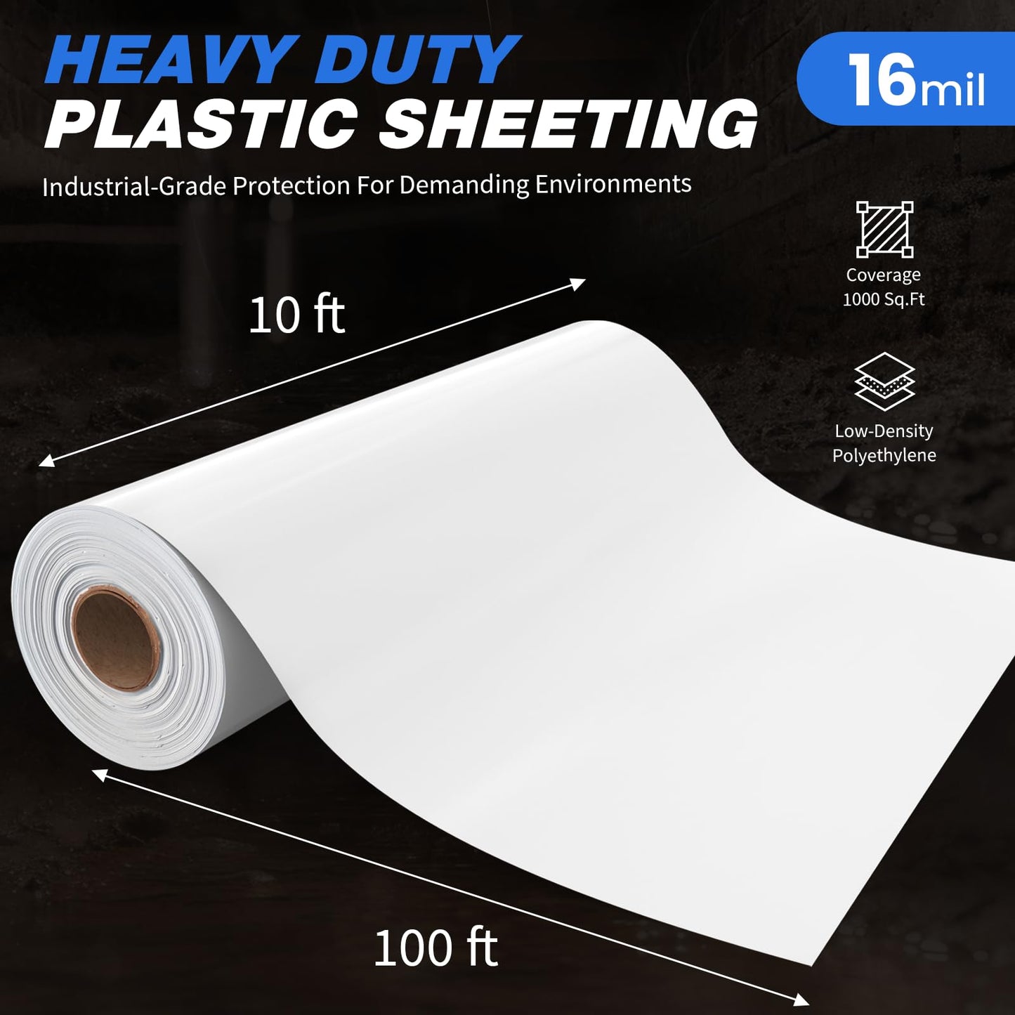 Crawldryer White Plastic Sheeting, 16 Mil 10' x 100', Crawl Space Vapor Barrier, White Vapor Barrier, Plastic Sheeting Heavy Duty, Polyethylene Plastic Rolls for Garden, Crawlspace, Basement, White