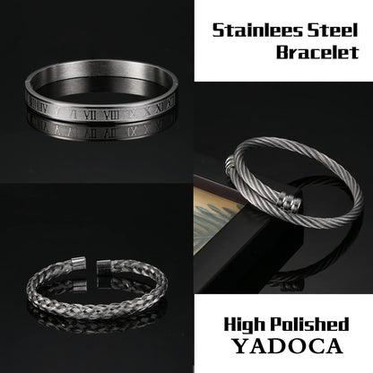 YADOCA 3Pcs Stainless Steel Bracelets for Men Roman Numeral Bangle Bracelet Adjustable Cuff Bracelet Twisted Cable Bracelet Mens Luxury Bracelets Jewelry Gifts Gold/Silver/Black