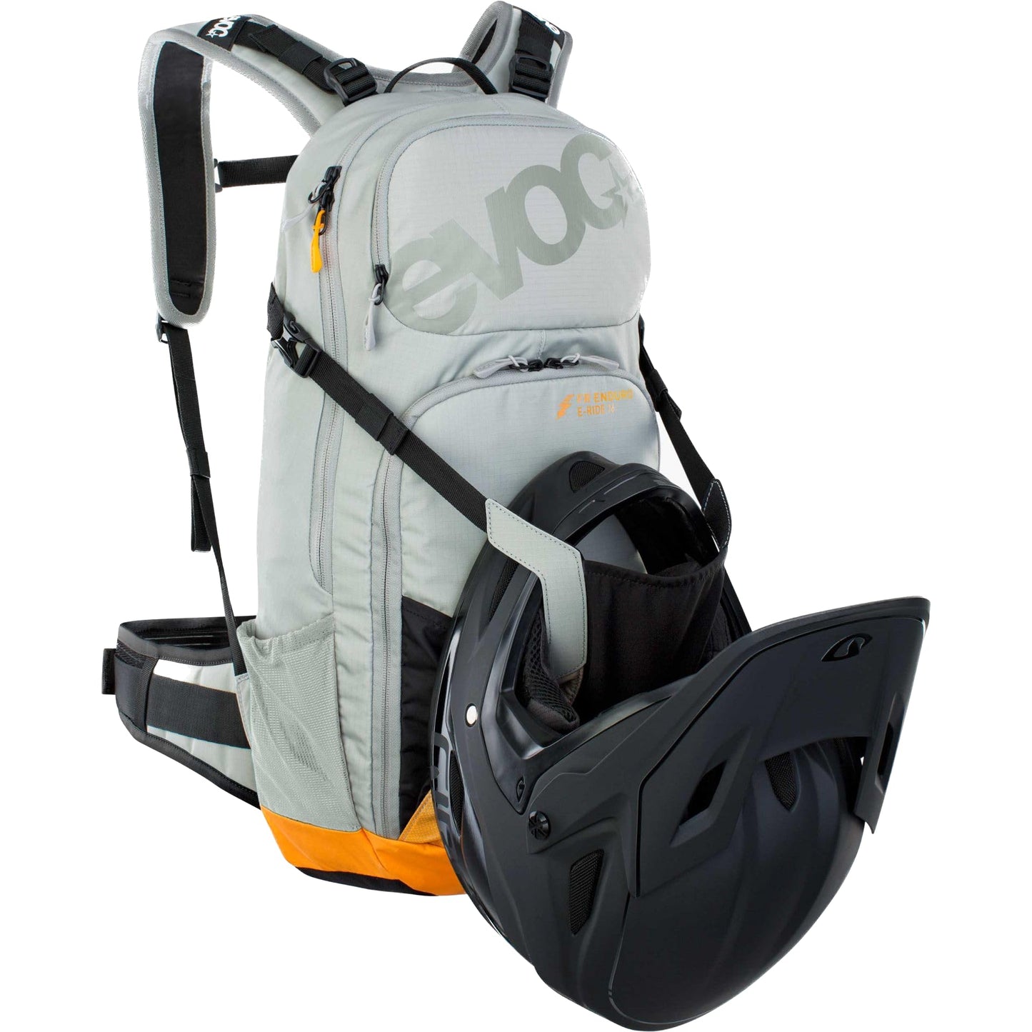 EVOC FR ENDURO E-Ride 16 E-Bike Backpack, Bike Rucksack (Padded Compartment for Spare Battery, Belt Fixing System, Control Display Pocket, Liteshield Back Protector), Stone Grey/Light Orange