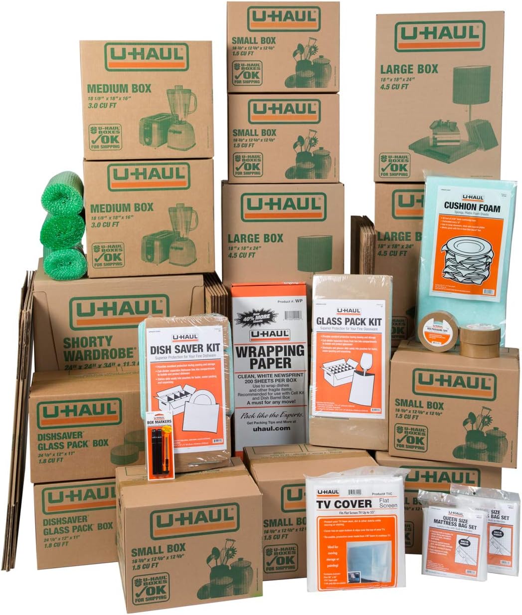 U-Haul Moving Kit - 36 Boxes, 2 Wardrobe Boxes, Dish Packing Kits & Mattress Bags | Complete Supplies