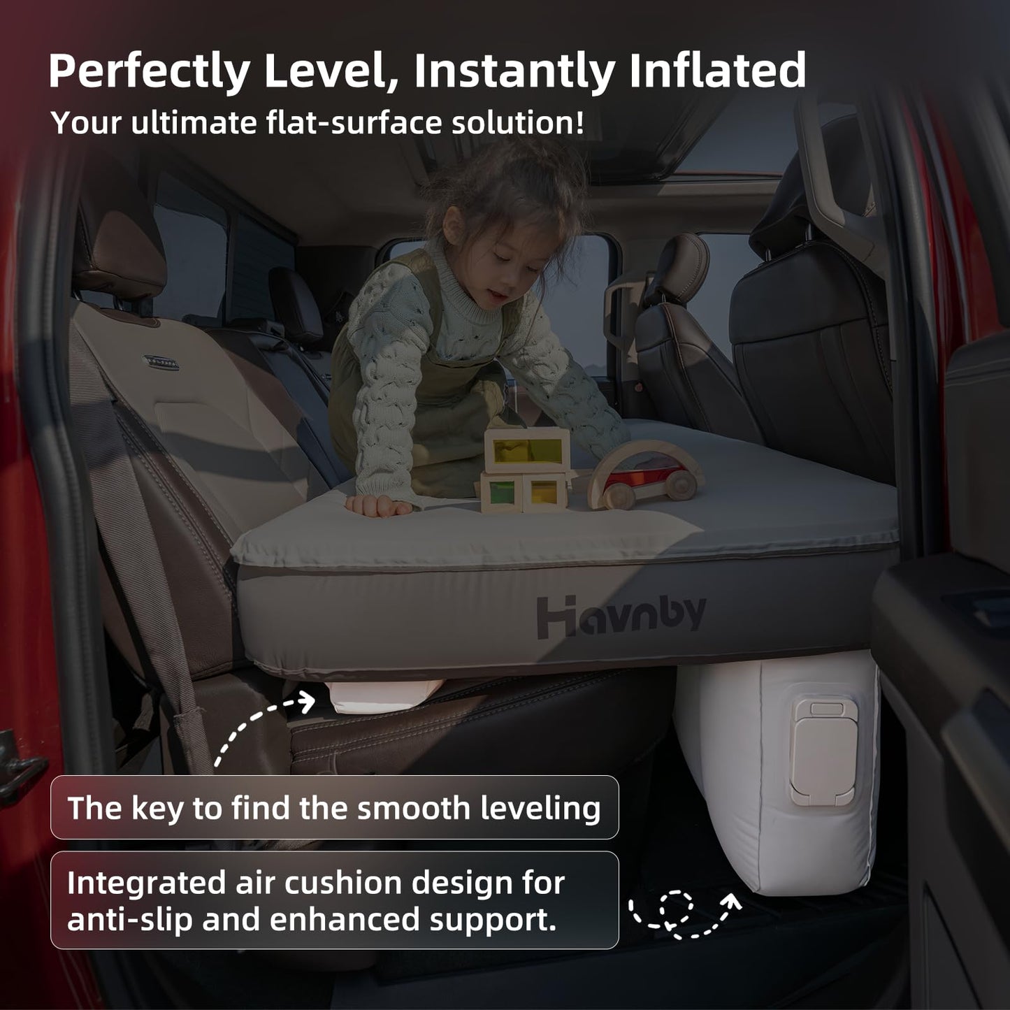 Havnby Truck Cabin Mattress, TPU Air Foam Camping Bed for Back Seat, Inflatable SnugNest with Rechargeable Built-in Pump, Portable Sleeping Mattress for RAM Pickup Trucks