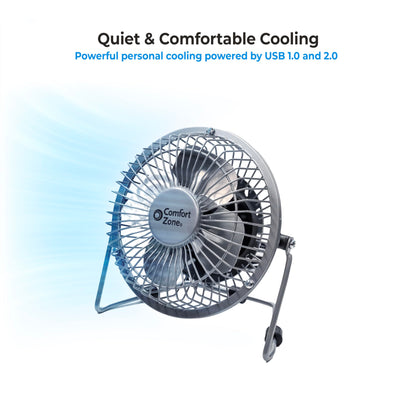 Comfort Zone 4-inch All-Metal Desk Fan with USB or Power Cord, Single Speed, 360 Degree Adjustable Tilt, Compact & Durable Mini Electric Fan for Home, Office or Travel Use, Silver