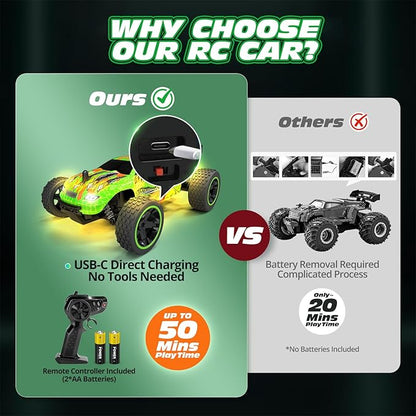 Tecnock RC Cars for Kids 1:18 Scale 2WD RC Car with USB-C Easy Charging 2.4GHz Remote Control Car with LED Lights &amp 50 Mins Playtime Toys Gifts for Boys &amp Girls Ages 8-12