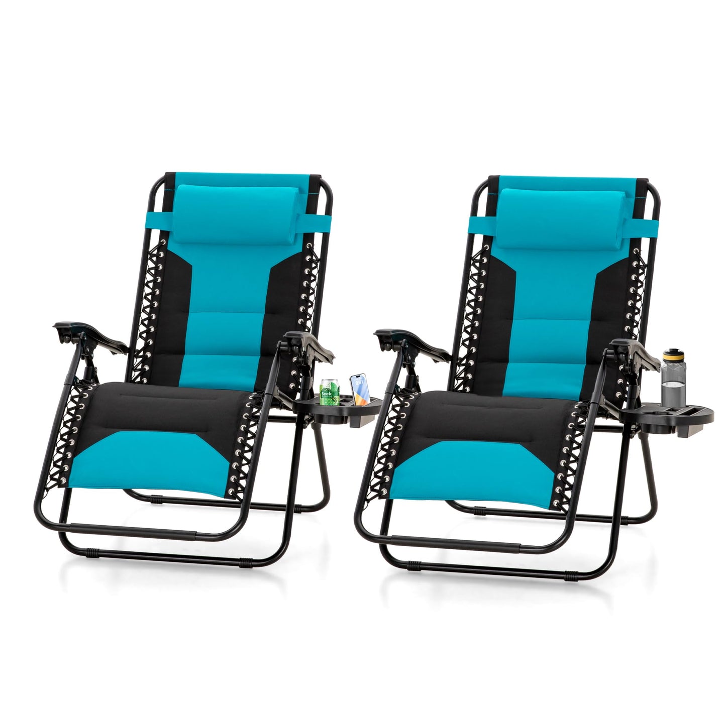 MAISON ARTS Oversized Zero Gravity Chairs Set of 2, Folding Padded Recliner Anti Gravity Lounge Chair with 28" Wide Seat and Cup Holder, Support 400lbs, Aqua