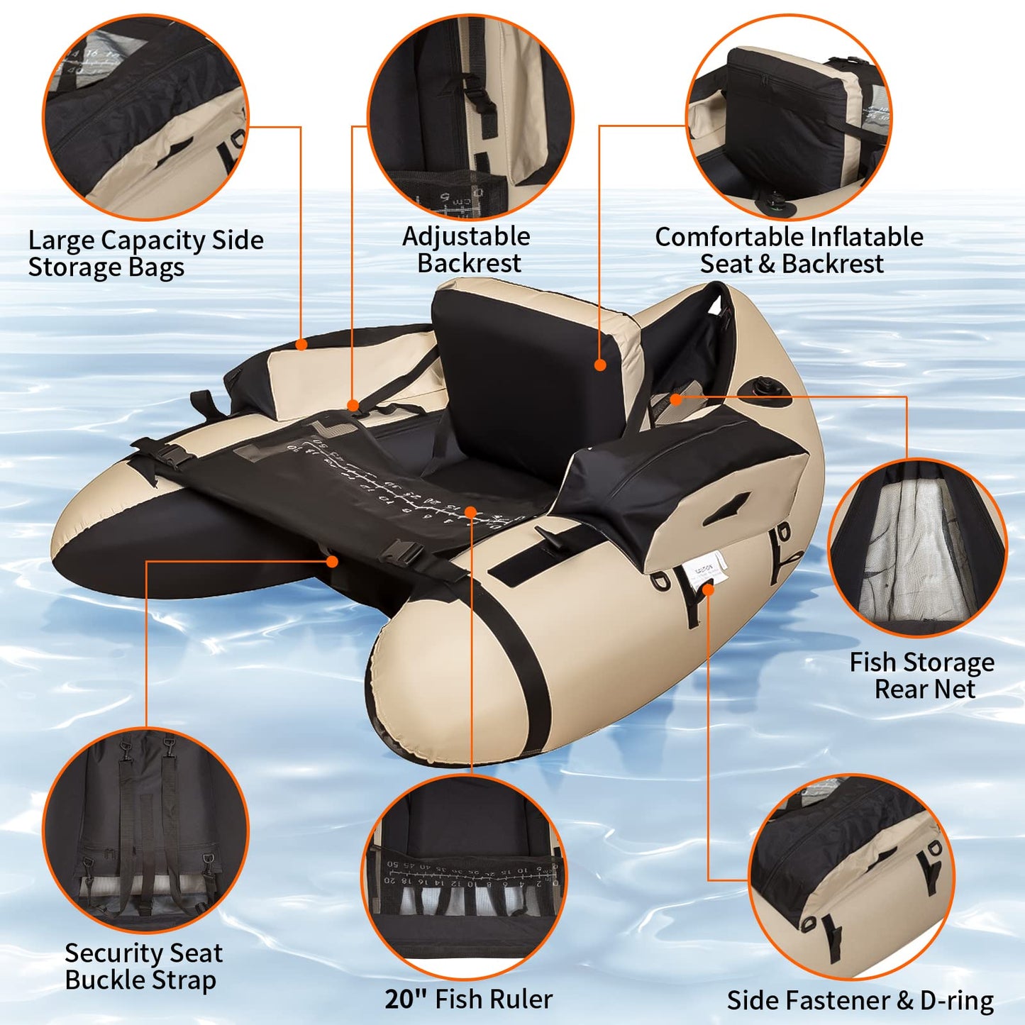 Xproutdoor Fishing Float Tube with Adjustable Backpack Straps, Storage Pockets, Fish Ruler, Fly Fishing Boat with Pump, Oar, Rod Holder and Mount, Fins, 350LBS Load Bearing Capacity, FT003,Khaki