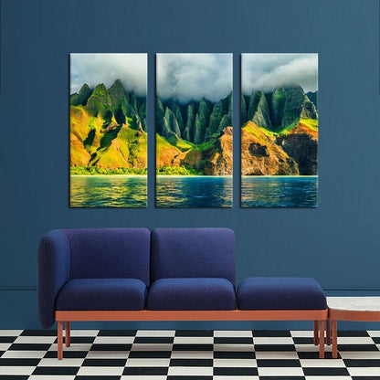 iKNOW FOTO Large 3 Panel Canvas Wall Art Na Pali coast Kauai Hawaii Sea Sunset Cruise Tour Pictures Prints Nature Coastline Landscape Travel Photography Framed Artwork for Home Decor 16x32inchx3pcs