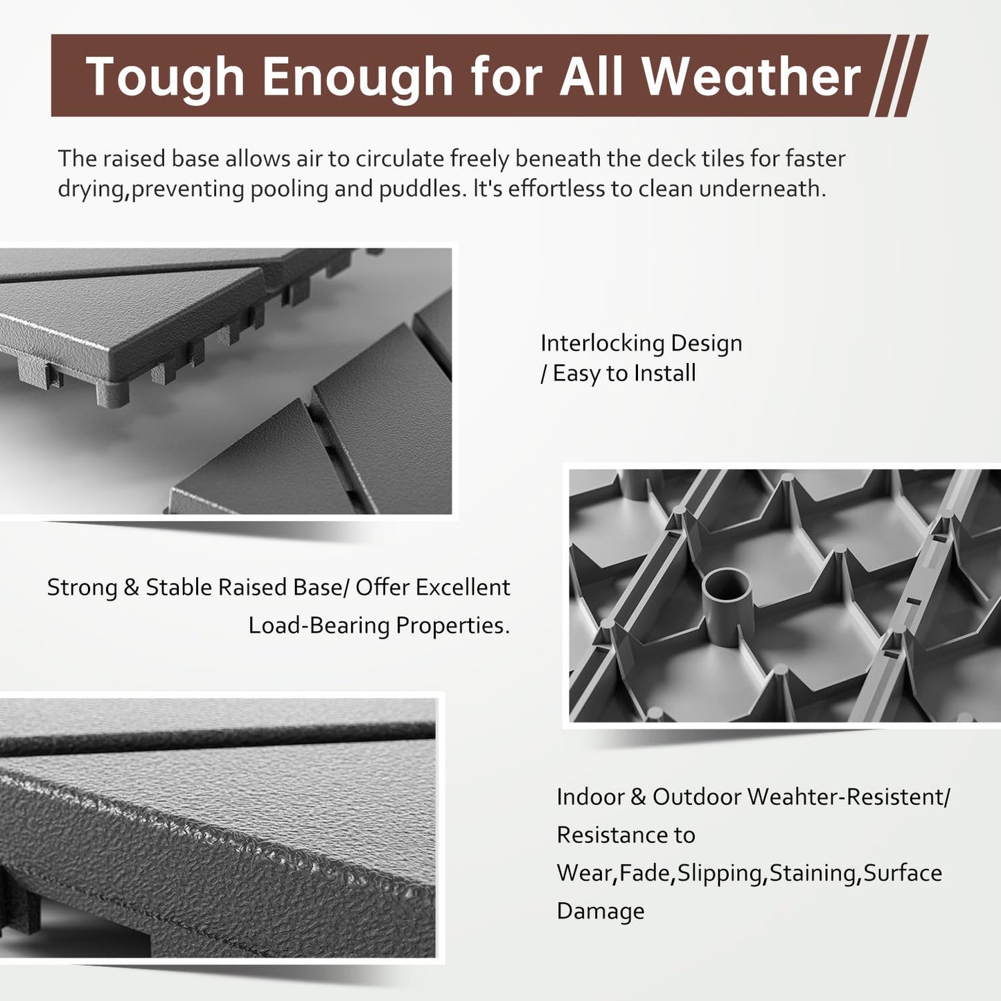 EchoDeck Interlocking Deck Tiles,54 Pack Patio Tiles Outdoor Interlocking All Weather,Patio Deck Tiles,12"x12",Diagonal,Sturdy Base,Highly Durable,Stylish,Non-Slip,Faster-Drying,Efficient,Dark Grey