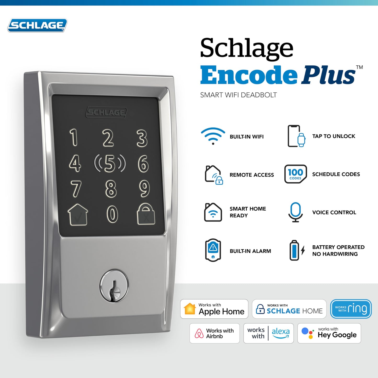 Schlage BE499WB CAM 619 Encode Plus WiFi Deadbolt Smart Lock, Keyless Entry Touchscreen Door Lock with Camelot Trim, Satin Nickel