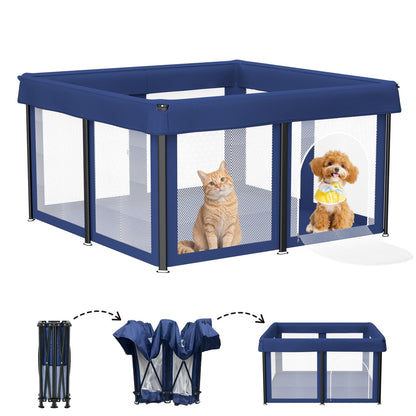50x50x25.6 Inches Puppy Playpen with Gate, Foldable Dog Playpen for Puppies or Small Dogs, Pet Fence with Thickened Fabric, for Indoor Outdoor (Blue)