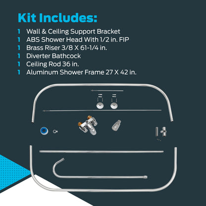 EZ-FLO 27 x 42 Inch Bathcock Type Portable Aluminum Add On Shower Unit with Shower Rod Frame, Chrome Plated, 11123