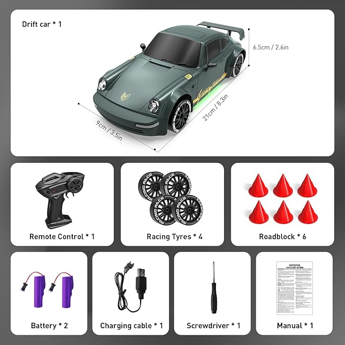 Remote Control Car RC Drift Car 2.4GHz 1:20 Scale 4WD 20KM/H High Speed Remote Control Cars with LED Lights Drifting Tire 2Pcs Rechargeable Batteries Toy Cars for Adults Boys Girls (Gray Green)