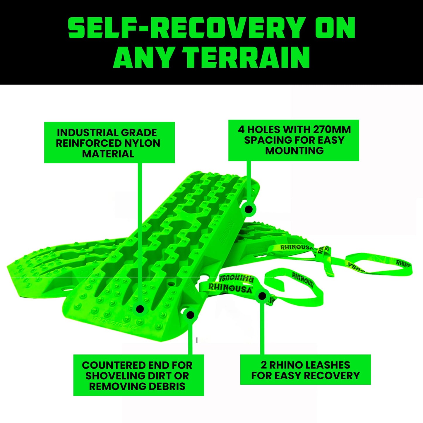 Rhino USA Off-Road Recovery Traction Boards - 2 Pack Ultimate Tire Traction Mountable Mats for 4X4 Vehicles in Sand, Mud & Snow. Heavy Duty Zipper Carry Bag and Leashes Included - (Green)