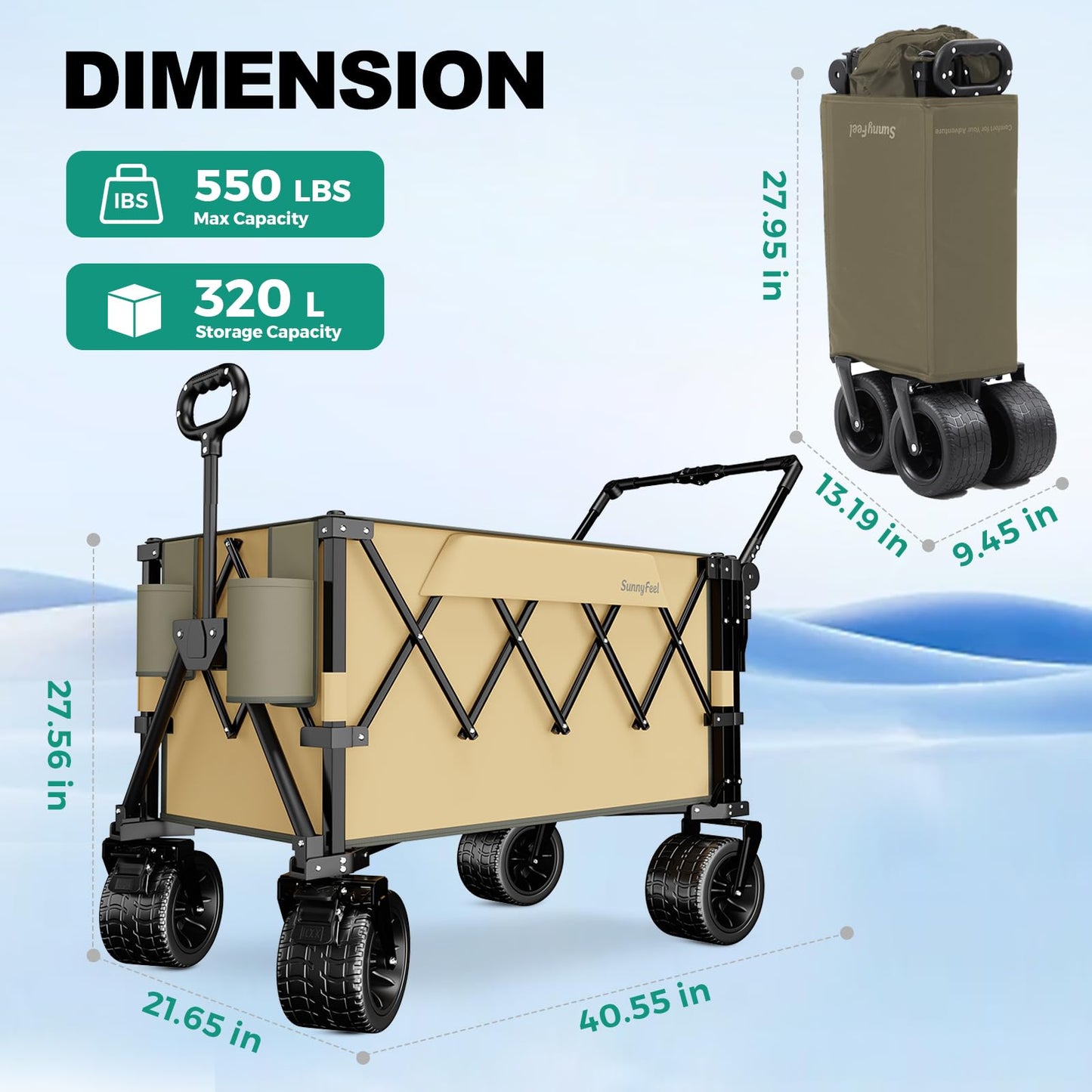 SUNNYFEEL 550LBS Collapsible Wagon Cart - Heavy Duty Push Pull Foldable Wagon with Dual Handles and Big Wheel,Utility Cart with Rear Tailgate for Camping, Fishing, Gardening, Shopping, Grey
