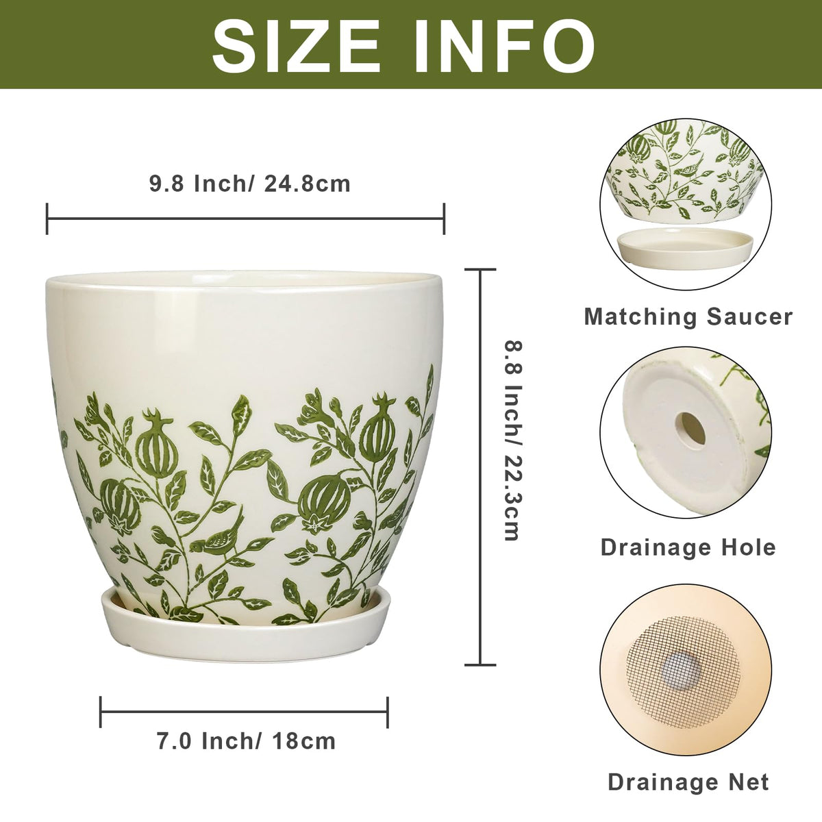 MPotTo 10 Inch Plant Pot - Ceramic Planter with Drainage Hole and Saucer, Boho Round Decorative Flower Pot for Indoor Plants, Housewarming Gifts, Office Garden Home Outdoor Decor, White