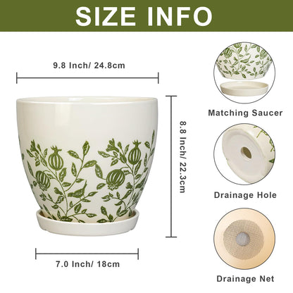 MPotTo 10 Inch Plant Pot - Ceramic Planter with Drainage Hole and Saucer, Boho Round Decorative Flower Pot for Indoor Plants, Housewarming Gifts, Office Garden Home Outdoor Decor, White