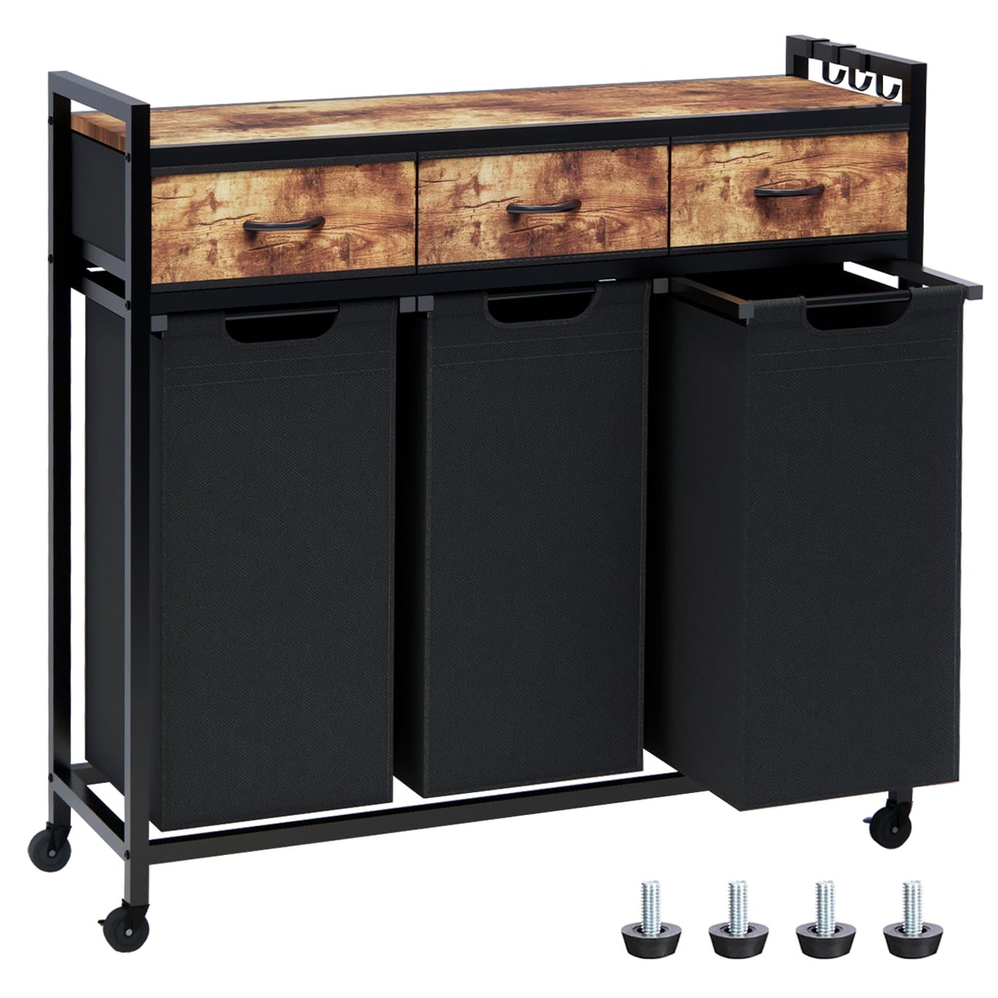 Timberer Laundry Hamper, Laundry Sorter 3 Section, Rolling Laundry Basket with Wheels, 3 Drawers, 3 × 14.5 Gal (55 L), Pull-Out and Removable Oxford Fabric Bags, Black and Rustic Brown