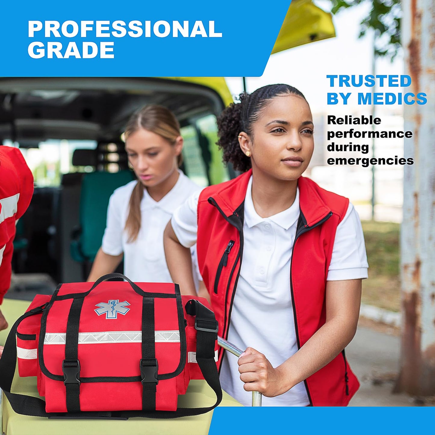 Primacare Fully Stocked Reflective Trauma Bag - 17" x 9" x 7" First Aid Responder Emergency Medical Supplies Kit, Professional EMT EMS Shoulder Bag with Zippered Side Pockets and Compartments (Red)