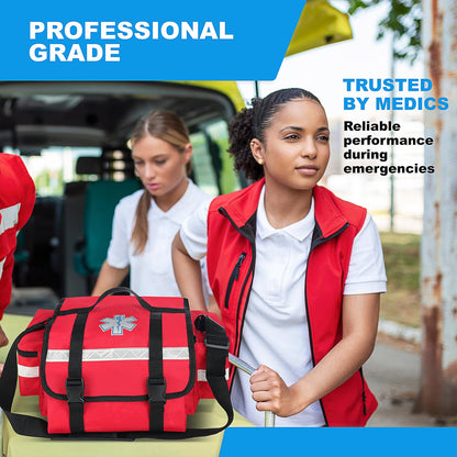 Primacare Fully Stocked Reflective Trauma Bag - 17" x 9" x 7" First Aid Responder Emergency Medical Supplies Kit, Professional EMT EMS Shoulder Bag with Zippered Side Pockets and Compartments (Red)