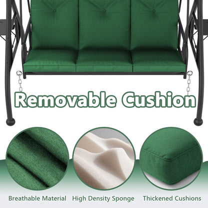 3-Seat Outdoor Porch Swing Glider with Stand, Convertible Patio Swings Bed with Foldable Side Tray & Thicker Cushion for Balcony Garden Deck Poolside - Green