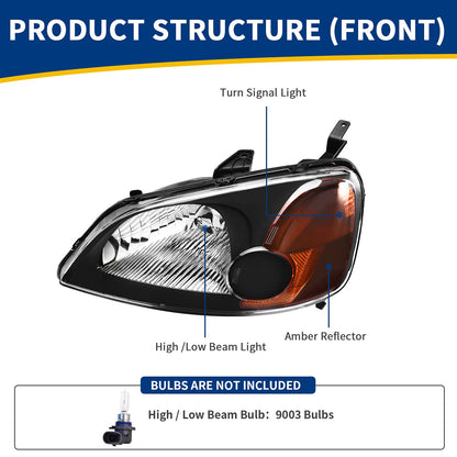 AUTOSAVER88 Headlight Assembly Compatible with 2001 2002 2003 Civic 4-Door Sedan Driver and Passenger Side Black Housing Amber Reflector Clear Lens