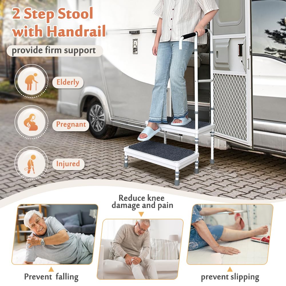 Mybow Stepping Stool for Adults, Two Step Stool with Handle, Mobile Home Stairs, SUV Car RV Steps with Handrail, Medical Step Ladder for Handicap, Heavy Duty Step Up Platform, Adjustable Foot Stool