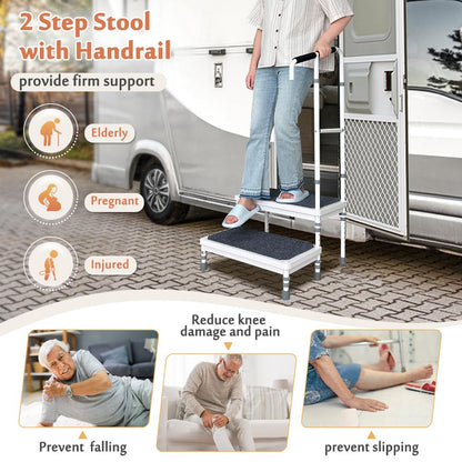 Mybow Stepping Stool for Adults, Two Step Stool with Handle, Mobile Home Stairs, SUV Car RV Steps with Handrail, Medical Step Ladder for Handicap, Heavy Duty Step Up Platform, Adjustable Foot Stool