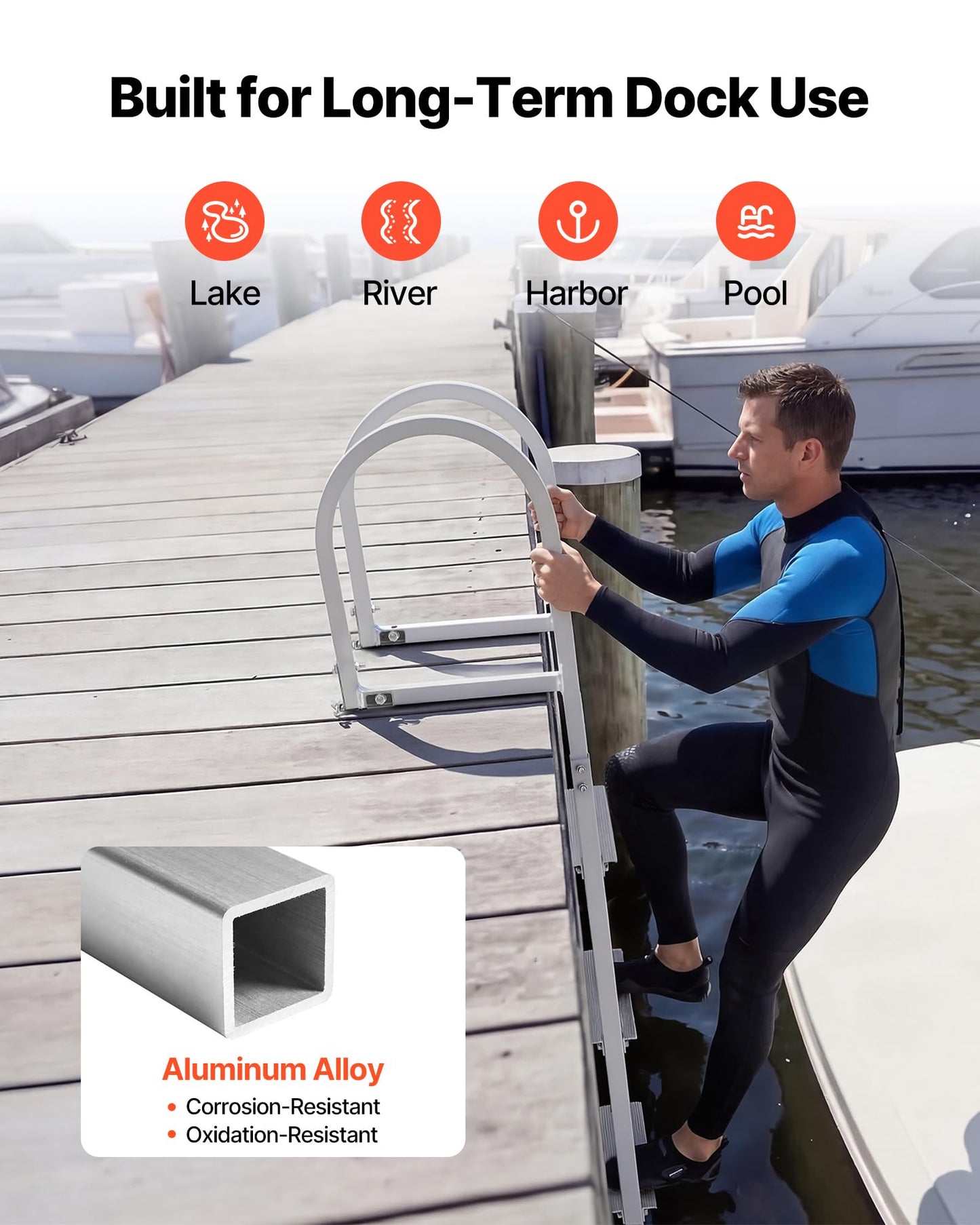 VEVOR Removable Dock Ladder, 4 Steps, Aluminum Alloy Pontoon Boat Swim Ladder, with Non-Slip Wide Steps, 500 lbs Weight Capacity, Quick Release Design, for Lake Swimming, Pool, Boat, Marine Boarding