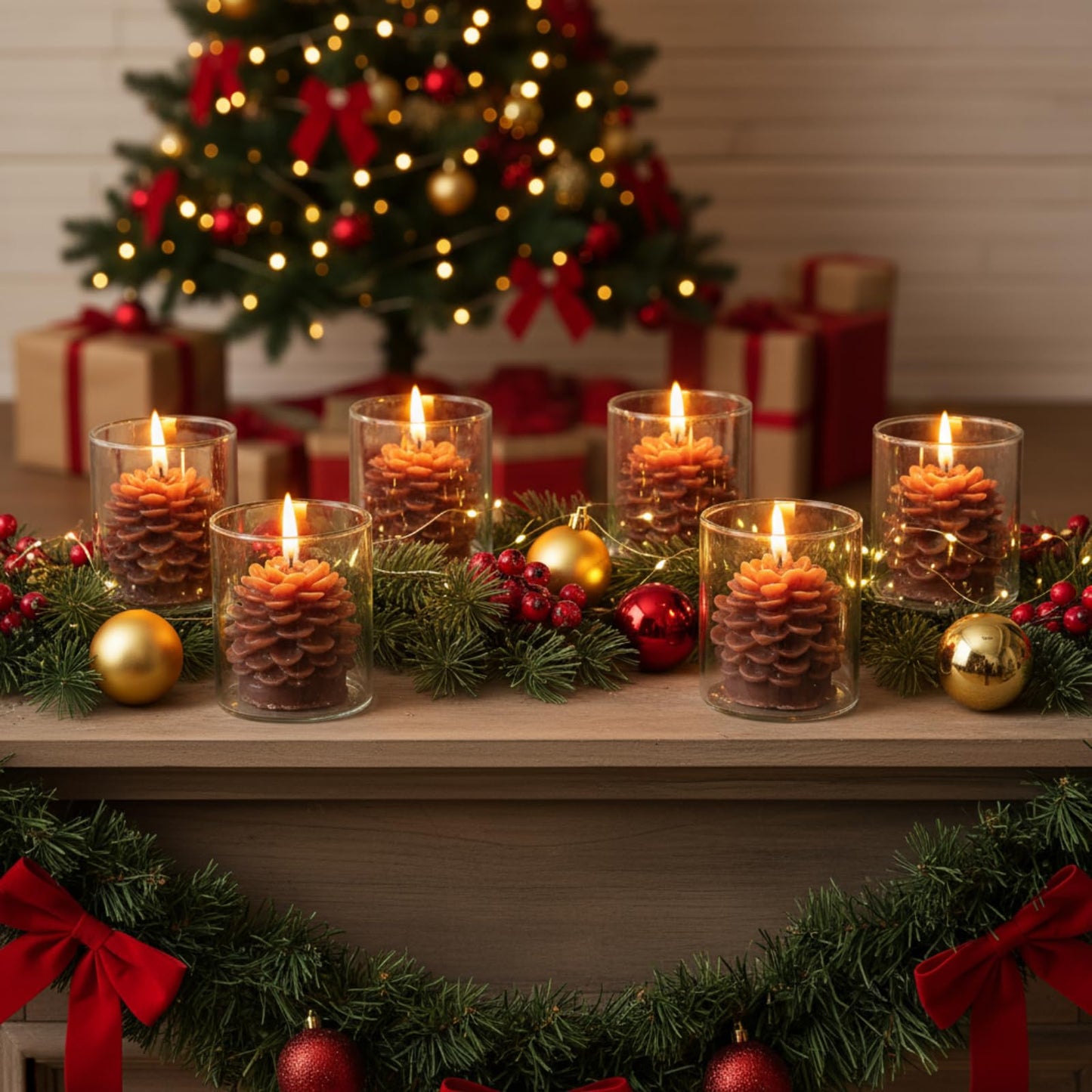 Riakrum 6 Sets Pine Cone Candles Flammable Acorn Decor with Straight Glass Container Real Wax Unscented Candle for Winter Holiday Decoration