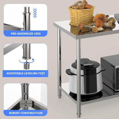 Stainless Steel Table, 36" x 24" Prep Workstation, 1000 LBS, NSF Commercial Work Table with Adjustable Undershelf and Galvanized Legs, for Restaurant, Home, Kitchen, Hotel, Outdoor