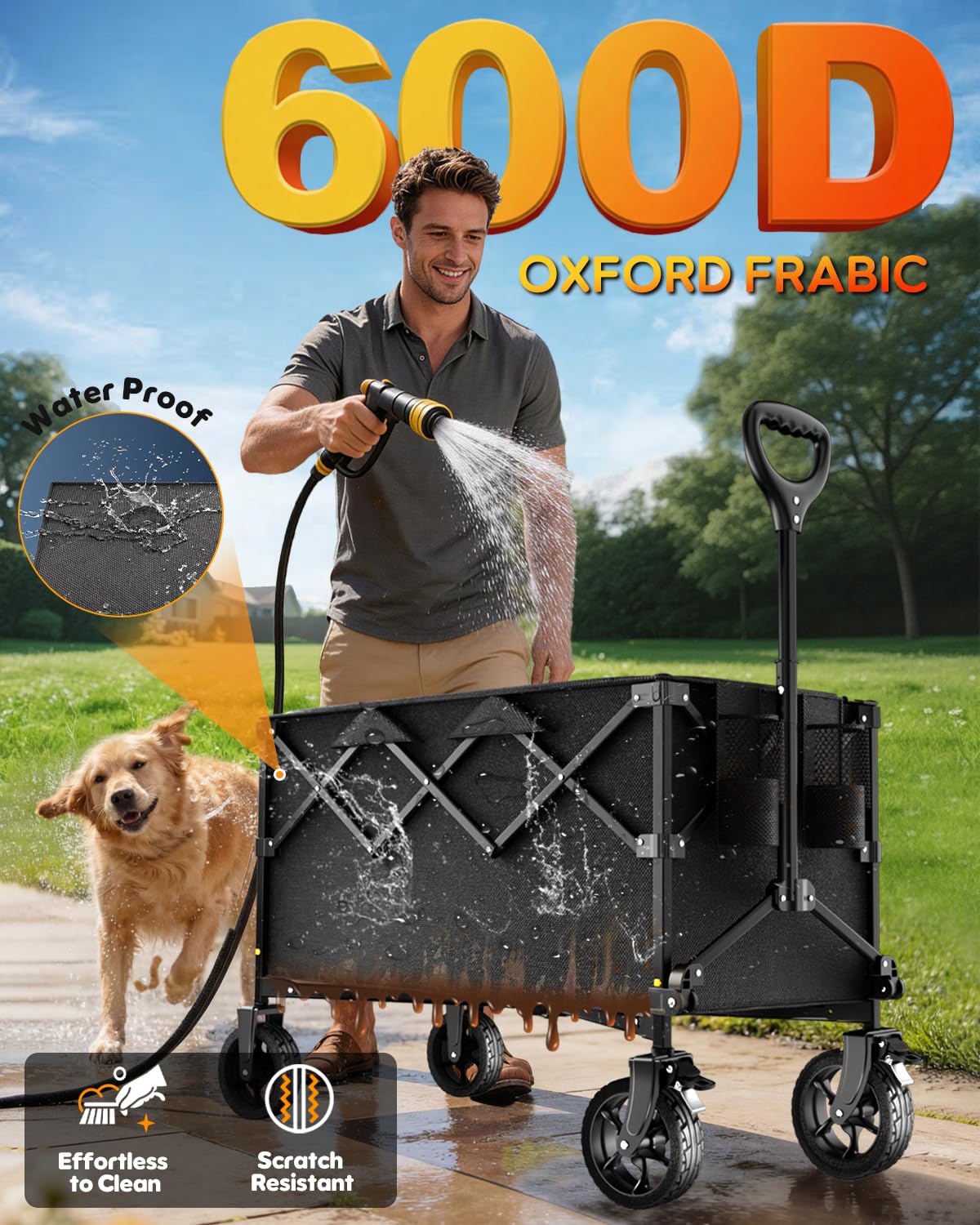 Heavy Duty Collapsible Wagon Cart, 200L Foldable Utility Wagon with All-Terrain Wheels and Brake, Adjustable Telescoping Handle, 550 lbs Capacity for Beach, Camping, Sports and Grocery Shopping