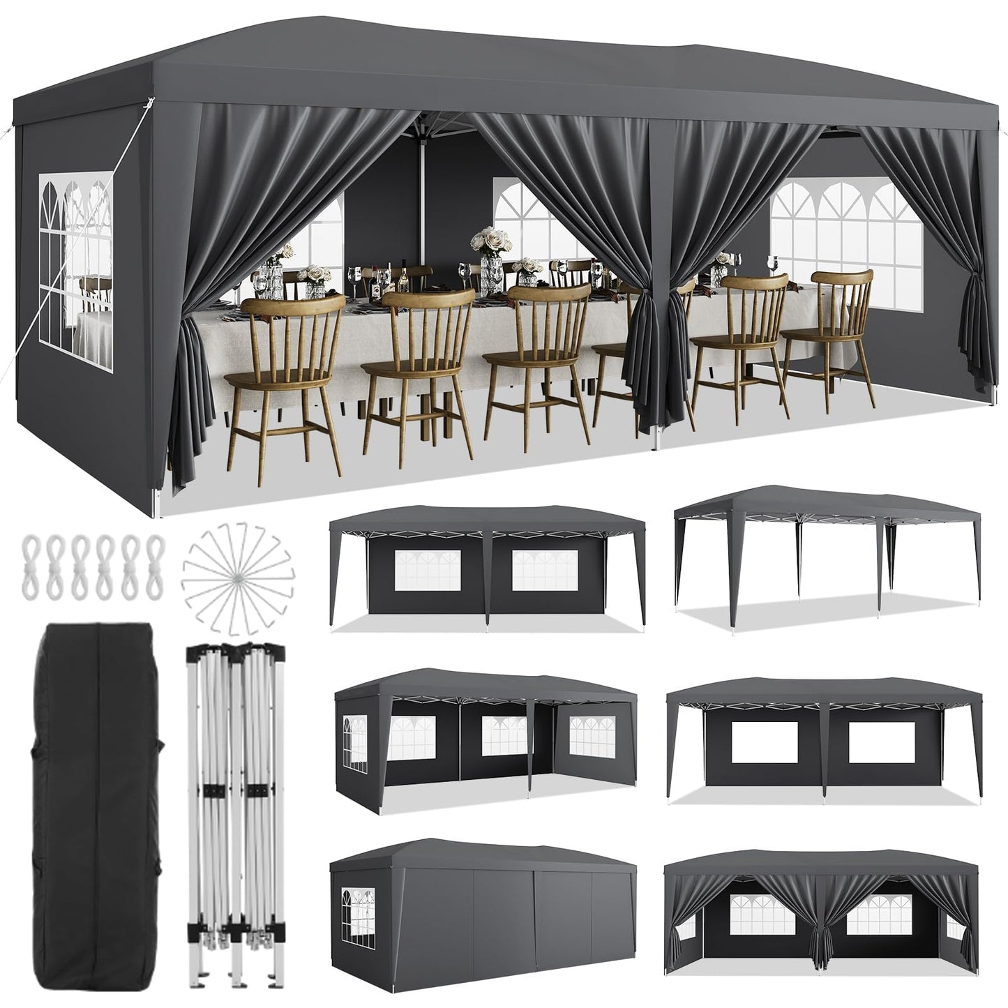 10x20 ft Pop Up Canopy Tent with 6 Removable Sidewalls, Easy Up Commercial Party Tent, 3 Adjustable Heights, Heavy Duty Waterproof Outdoor Canopy with Stakes & Ropes for Events, Wedding, Market