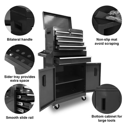 Torin 5-Drawer Rolling Tool Chest: Metal Tool Box with Wheels, Removable Top Tool Box, Liner, Adjustable Shelf and Locking Mechanism for Garage Workshop,Black