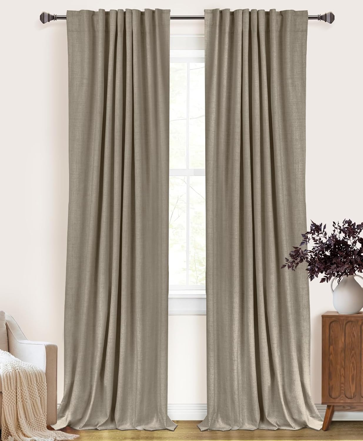 Skiennix 100% Blackout Linen Curtains - Thermal Insulated Drapes for Bedroom | 2 Panels, 50" W x 63" L