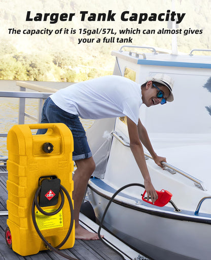 15 Gallon Portable Fuel Tank Caddy with Manual Transfer Pump – Heavy-Duty Gas Storage Toolbox – 10FT Hose – Leak-Proof, Mobile Fuel Container for Cars, Boats, Lawn Mowers, ATVs – Yellow