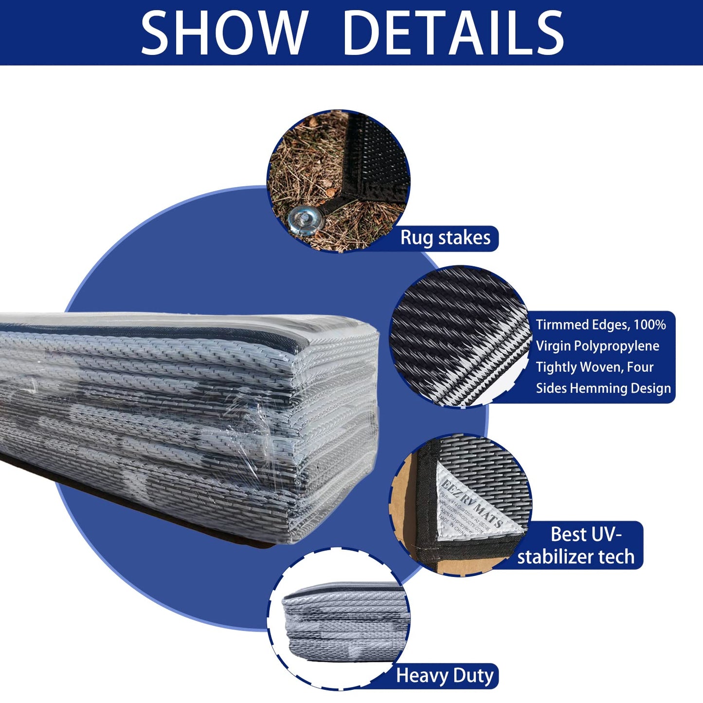 EEZ RV Products 9'x18' GW Heavy Duty Reversible/Durable Outdoor Patio/RVing Mats(9ft x18ft Grey) Come with Large Storage Bag & 6 Sets of Stakes and Washer