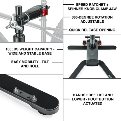 Feedback Sports | Pro E Lift Bike Repair Stand | Electric Height Adjustment, 100 lb Capacity, Speed Ratchet Clamp, Ideal for E-Bikes and Home Workshops